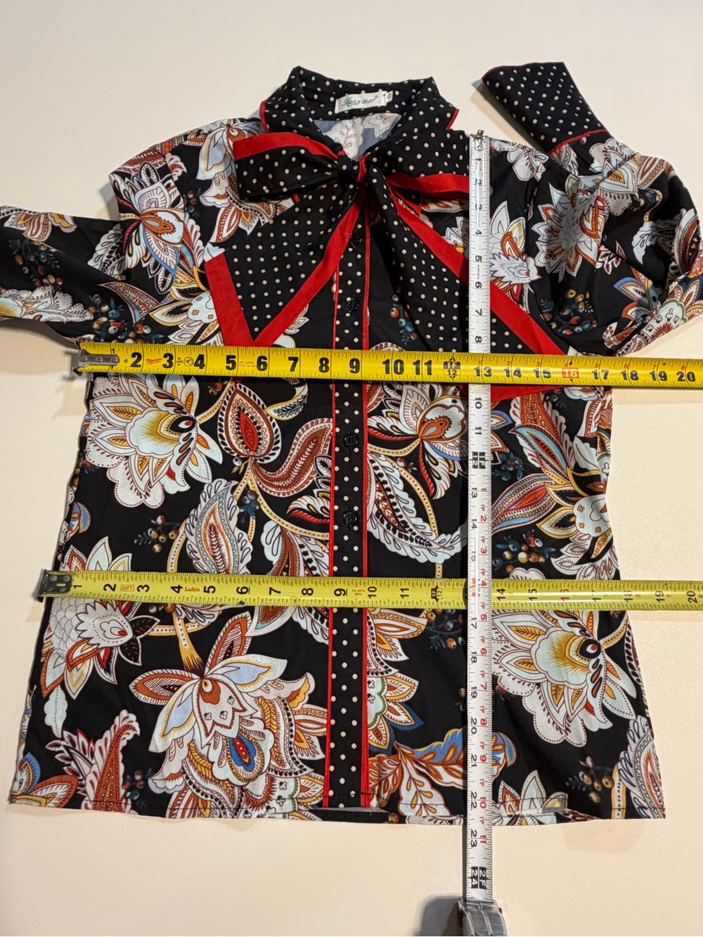 VINTAGE 80s bow blouse polka dot floral flower mix print tie belt paisley bold - Picture 8 of 9
